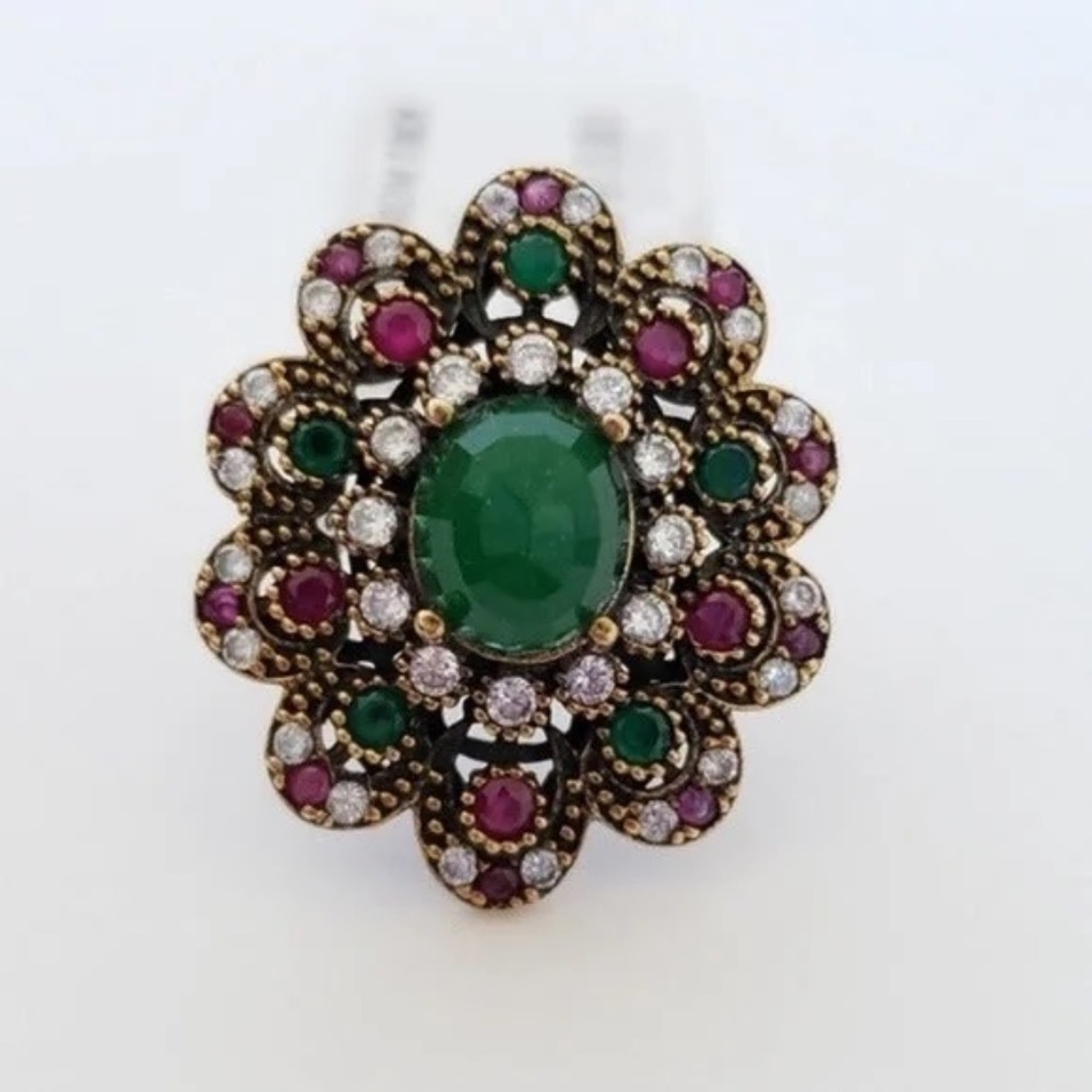 Sterling Silver Green Chalcedony Flower Statement Ring - Picture 3 of 4
